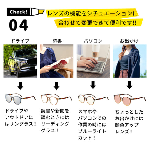 1本で複数のレンズに交換できるクリップオンサングラス ボストンシェイプ EP300